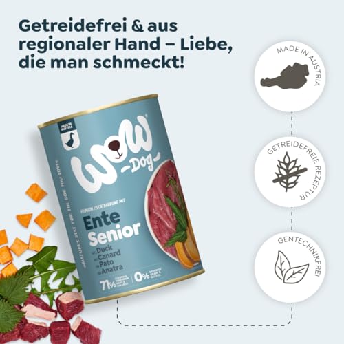 WOW Dog Senior Nassfutter mit Ente | Mit hohem Fleischanteil, ohne Getreide und Zucker | 400 g / 12er Pack