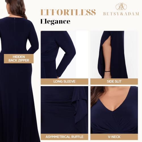 Image of Betsy & Adam Women's Long Sleeve V-Neck Jersey Knit Formal Evening Gown with Side Slit and Cascading Ruffle Detail