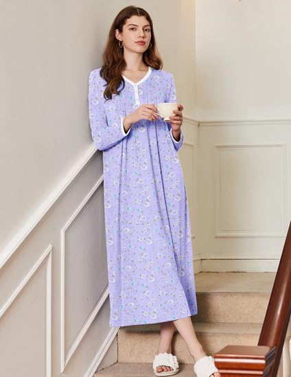 Ekouaer Women's Long Sleeve Nightgown Full Length Sleepwear Long Sleepshirts Henley Sleep Dress S-4XL - Image 3