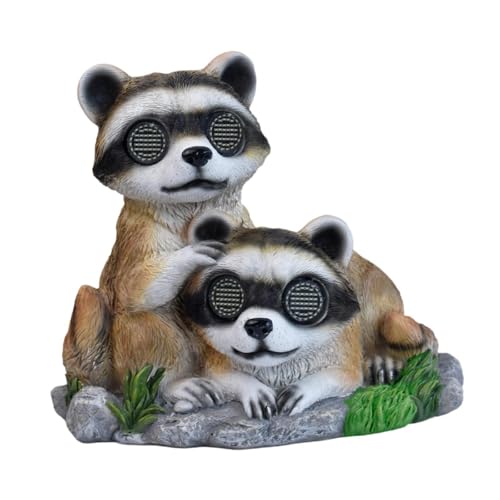 Sharplace Lámpara Solar de Resina con Forma de Pareja de Mapaches para Jardín, Decoración Exterior, Decorativa con Movimiento de Ojos Realista para El Jardín.