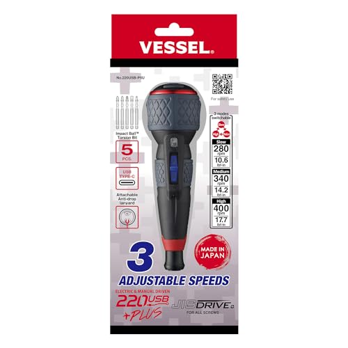 (USA Official) VESSEL e-ASSIST Screwdriver 3 SPEEDS with 5PC. Bit Set