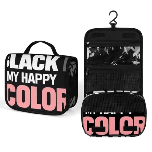 Black Is My Happy Color Makeup Bag Portable Hanging Organizer for Travel Wash Bags With Handle And Divider