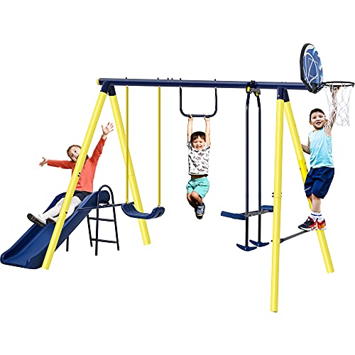 Merax Swing Set with Slide for Backyard, 5-in-1 Outdoor Metal Swing Playset with Basketball Hoop, Monkey Bar, Seesaw Swing for Kids Playground Equipment with Anchors (Blue & Yellow)