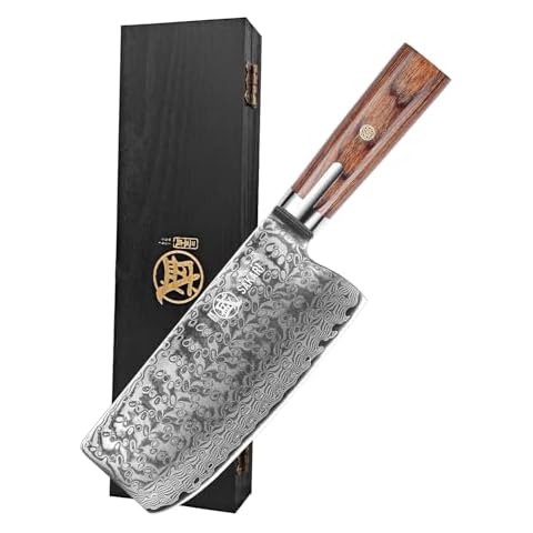 MITSUMOTO SAKARI 7 inch Japanese Cleaver Knife, Damascus S301 Powder Steel Meat Cleaver, Traditional Hand-Forged Chef Knife, Kitchen Knife for Cutting or Slicing Cover