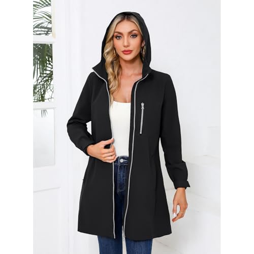Women's Hooded Rain Jackets Waterproof Outerwear Fall Casual Anoraks Hood Thigh Length Pockets Long Full Zip Coat4