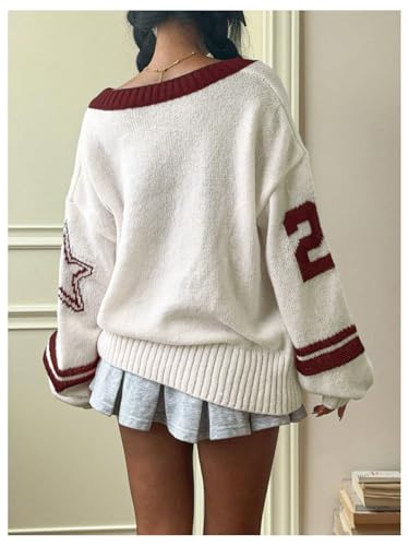 Women's Y2K Sweaters Letter Print Oversized Sweaters Long Sleeve V Neck Pullover Sweater Jumper Top Knit Jersey Shirt2