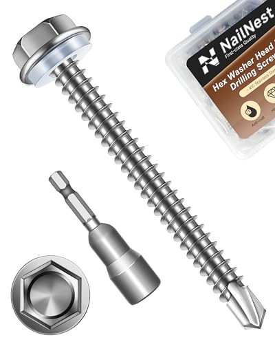 nailnest 50PCS #10 x 2 Self Drilling Screws, Self Tapping Screws for Metal, 410 Stainless Steel Hex Washer Head Sheet Metal Screw, Bright Finish with 8mm Hex Socket