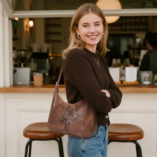 Image of Shoulder Bag for Women, Small Embossed Vegan Leather Hobo Purse | Elegant Crescent Shape Shoulder Purse with Top Handle, Adjustable Strap, Underarm Style for Daily Use, Travel & Gift Choice