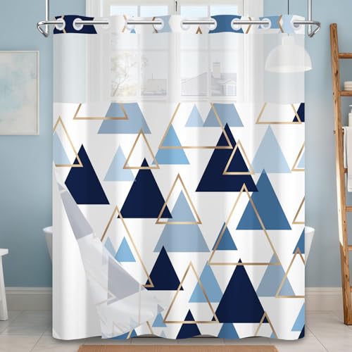 NAEMBCU No Hook Geometric Shower Curtain with Snap in Liner, 71 x 74 Inch