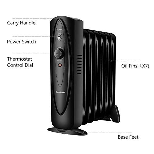 Homeleader Oil Filled Radiator Heater with Adjustable Thermostat, Electric Personal Heater with Overheat Safety, for Home and Office, 700W, Black - Thumbnail 2