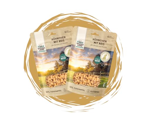 Wildes Land - Hundesnack - Hühnchen mit Reis 2x200g – Fleischsnack für Hunde & Katzen – Monoprotein & glutenfrei – 82 % Huhn – schonend luftgetrocknet – ohne Zucker & Zusatzstoffe