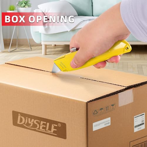 Image of DIYSELF 20 Pack Utility Knife, Heavy Duty Razor Box Cutter Retractable | Durable Utility Knives for Garage, Home and Office, Box Opener for Packaging, Paper, Leather, Vinyl, PVC Pipe Cutter (Yellow)