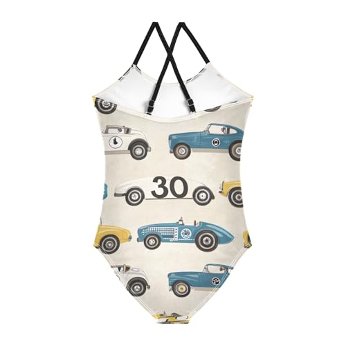 Vintage Race Cars Beige One Piece Swimsuit, Spaghetti Straps, Cross Back Design, Ages 3T2