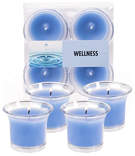 Hyoola Velas Votivas con Perfume - Velas Aromáticas en Vaso Transparente - Velas Perfumadas con Bienestar - Azul Claro - 12 Horas de Combustión - Pack de 4 - Hechas en Europa