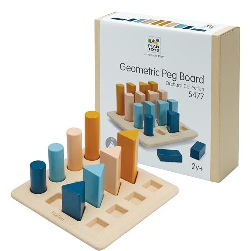 Image of PlanToys Wooden Geometric Peg Board Montessori Shape Sorting Stacking Toy | wooden geometric peg board, montessori shape sorting stacking, size sequencing logical thinking, color pattern geometry, kids