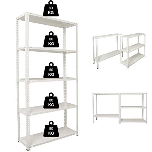 NAWA Kit Estantería Metálica 180x90x30cm Blanca 5 Baldas de Capac. 80kg