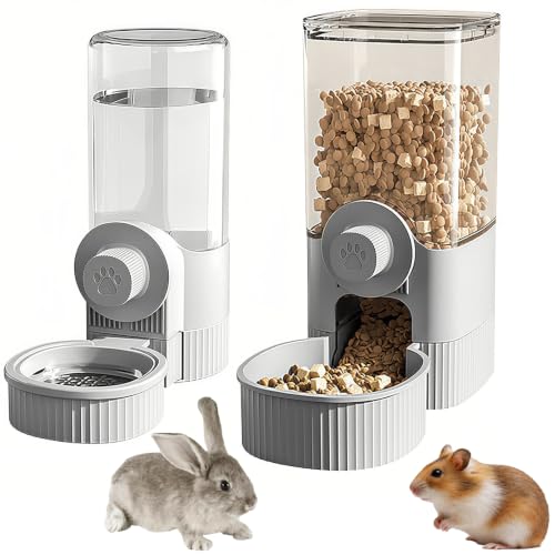 GKYZBB Automatic Rabbit Feeder and Water Dispenser Set 40oz Gravity Food Feeder&17oz Leak-Proof Water Bottle for Guinea Pigs Hamsters Chinchillas Ferrets Small Animals Cage Mount Feeding Station Grey