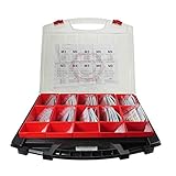 je 50 Unterlegscheiben (DIN 125), 25 Fedderinge (DIN 127) 25 Muttern (DIN 934) sowie 15 Karosseriescheiben (DIN 9021) für M3–M8