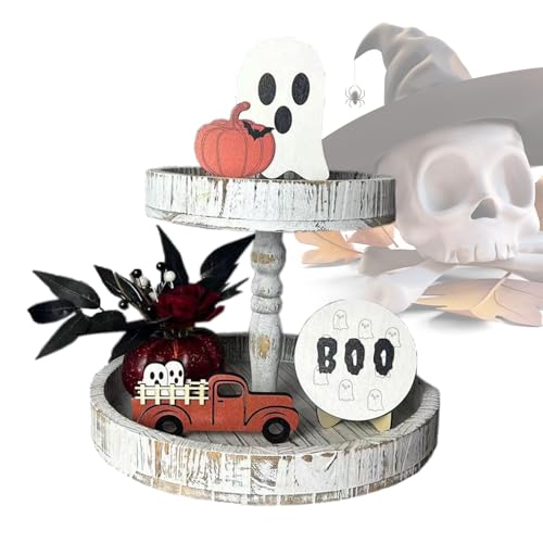 Samuliy Juego de bandejas escalonadas de Halloween, lindos letreros de madera de fantasma, decoración de granja para mesas, decoración de Halloween para el hogar, cocina y sala