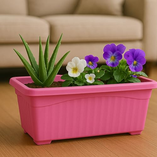 Image of Bianco Rectangular Plastic Pots for Plants, Jupiter Flower Pots for Home, Window Display, Garden (35 x 18.5 x 15 cm) (Pink) (Pack of 6)