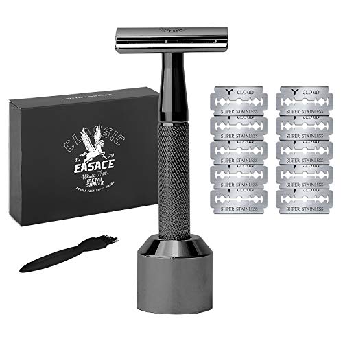 EASACE Long Handle Double Edge Safety Razor Razors for Men Women Wet Shaving Kit+1 Stand+1 Shaver Cleaning Brush+10 Stainless Steel Double Edge Safety Razor Blades+1 Delicate Box(Black)