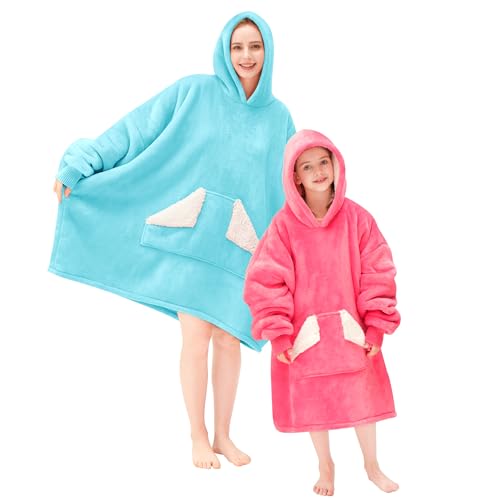 Touchat Wearable Blanket Hoodie, Oversized Sherpa Blanket Sweatshirt with Hood Pocket and Sleeves, Super Soft Warm Plush Hooded Blanket for Adult Women Men, One Size Fits All (Teal)
