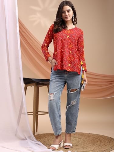 Image of MAHIRA'S Women's Short Kurti, Black Rayon Tunic Top with Embroidered Sleeves, 3 /4 Designer Sleeves
