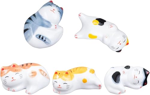 Miniatura 5 de BESTonZON 5 palillos de gato con soporte para pinceles de pintura china, estilo japonés, porcelana, lindo gato de la suerte, soporte para palillos