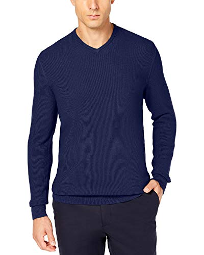 Tasso Elba Mens Seed-Stitched Supima Cotton V-Neck Sweater Large Navy Blue