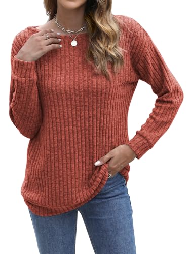 Image of Womens Sweaters Long Sleeve Shirts for Women Drop Shoulder Boat Neck Lightweight Tops Dressy Casual Trendy Caramel