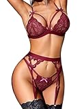 RSLOVE Set di Biancheria Intima da Donna Taglie Forti per Donna Body con Cinturino in Pizzo Teddy con Reggicalze Rosso Vino S