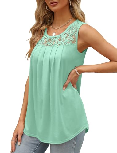 Image of Saloogoe Summer Tank Tops for Women Loose Fit Pleated Tunics Scoop Neck Sleeveless Lace Tops Curved Hem Flowy