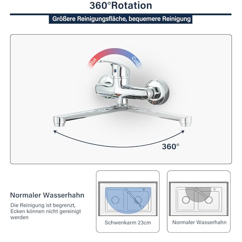 Rozin Wasserhahn Küche Wandmontage Küchenarmatur 23cm 360° Schwenkarm Kalt und Heiß Einhebelmischer Mischbatterie Küche Chrom