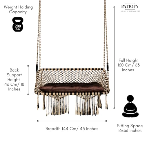 Image of Patiofy Premium Large Double Seater Swing Hanging Hammock Swing Chair for 2 People /Jhula for Adults / 2 Seater Swing for Balcony /Includes Free Hanging Kit & Cushion (Brown-Golden)