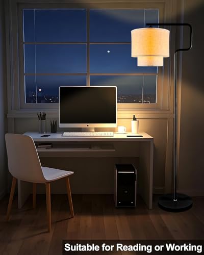 Image of Lightdot 62IN Floor Lamps for Living Room, Modern Standing Tall Lamps with Double Linen Shades, 3000K Arc Bohemian Floor Lamp with Foot Switch for Wedding /Party, Bedroom, Home Office-Black