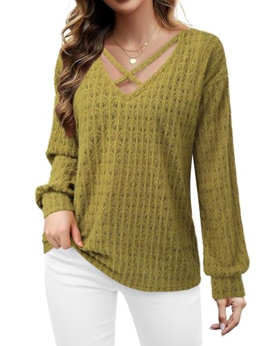 Image of Lotusmile Women's Soft Fuzzy Knit Hollow Out Lace Blouses Criss Cross V Neck Tops for Women Dressy Casual
