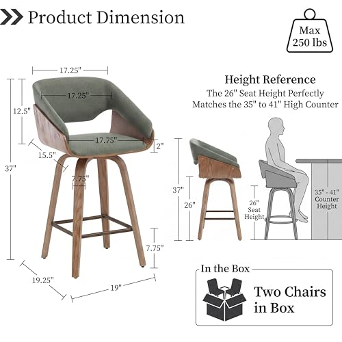 Image of HNY 26'' Modern Barrel Swivel Counter Stools Counter Height Swivel Bar Stools with Backs Set of 6, Green Linen Bar Height stools, Square Footrest, Farmhouse Solid Wood Barstools for Kitchen Island