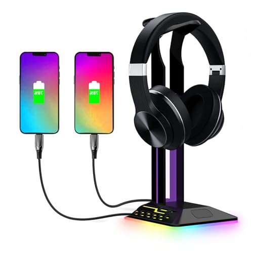 BIGTHREE RGB Headphone Stand, Gaming Headset Holder with 2 USB Ch...