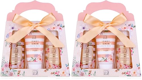 Accentra - Set de ducha HONEY JASMINE en una bonita caja - Set de 3 piezas de gel de ducha, loción corporal y baño de burbujas - Regalo de bienestar para el Día de San Valentín y el Día de la Madre