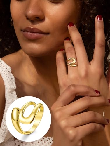 THUNARAZ 12 PCS Stackable Gold Rings for Women Adjustable Open Chunky Rings,14K Gold Plated Twisted Round Signet Rings for Gift2