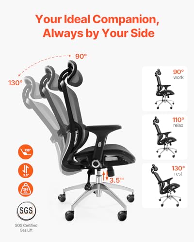 Image of VEVOR Ergonomic Office Chair, High Back Home Desk Chair with Adjustable Headrest, Flip-Up Arms, 90-130 Tilt Lock & Wide Backrest, Lumbar Support, Computer Mesh Chairs for Man Woman, Black Task Chair