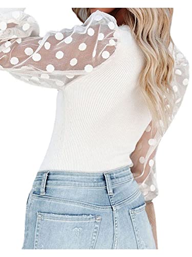 LYANER Women’s Square Neck Blouse Sheer Mesh Lantern Sleeve Polka Dot Knit Business Casual Tops Shirts2