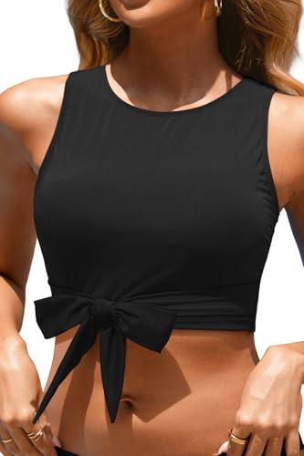 Crop Top Swim Bathing Suit - Women Bikini Swimsuit Top High Neck Bra Tie Knot Top Only 20253