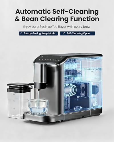 Image of Automatic Espresso Machine with Grinder & Milk Frother | 19 Bar Pressure, 15 Grind Settings and Self-Cleaning Function for Making Espresso, Cappuccino and Latte at Home