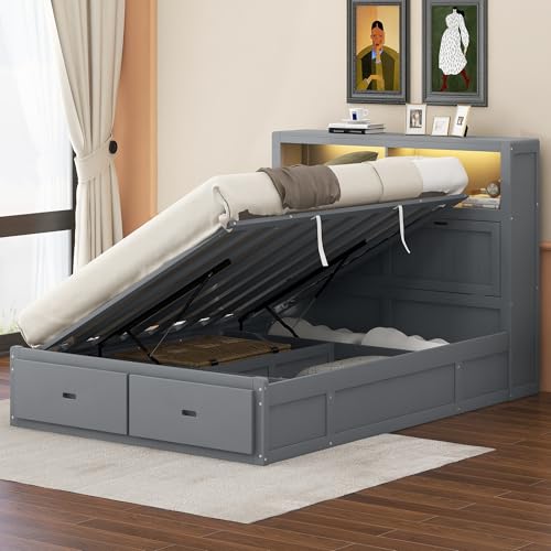 SOFTSEA Farmhouse Bed Frame Queen Size with Lift Up Storage & Hidden Bookcase Storage Headbord, Wood Queen Bed Frame with Charging Station, Led Lights, Gray