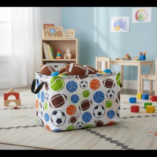 Image of Football Storage Basket Empty, Waterproof Football Storage Bins Organizer, Foldable Closet Shelf Baskets with Handles for Home Office Dorm Closet Shelf