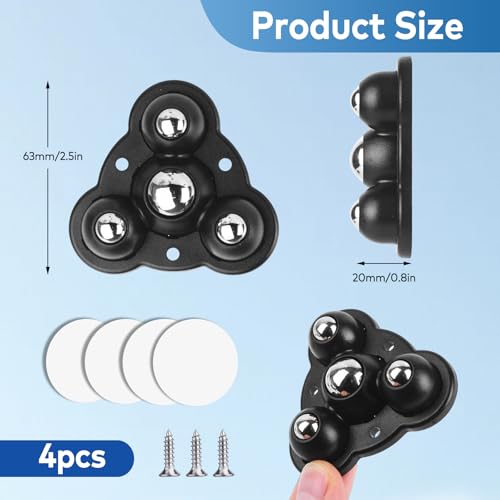 Roues de roulette autocollantes Roues pivotantes lourdes pour le mobilier, charge 80 Lbs/Set, rouleaux d'appareillage avec 4 Mini Roulettes pour appareils de cuisine, glisse facilement sur le comptoir (4, Charger en noir 80LBS, Balle en acier inoxydable, profil bas,