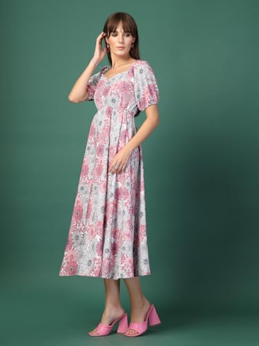 Image of OOMPH! Below Knee Shift Pink Dress in Crepe Fabric with Round Neck and Puff Sleeves - md619l