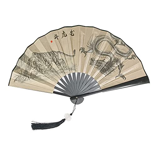 qbodp 2 Pcs Folding Hand Fan for Men,Chinese Vintage Plastic Handle Folding Fan with Tassel Pendant,10 Inches Portable Foldable Fan,Double-Sided Printed Tiger Dragon Pattern