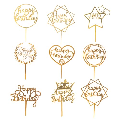 GWAWG 9 enfeites para bolos de feliz aniversário, decoração acrílica multicor para Cupcakes e bolos, dourado para meninas e meninos